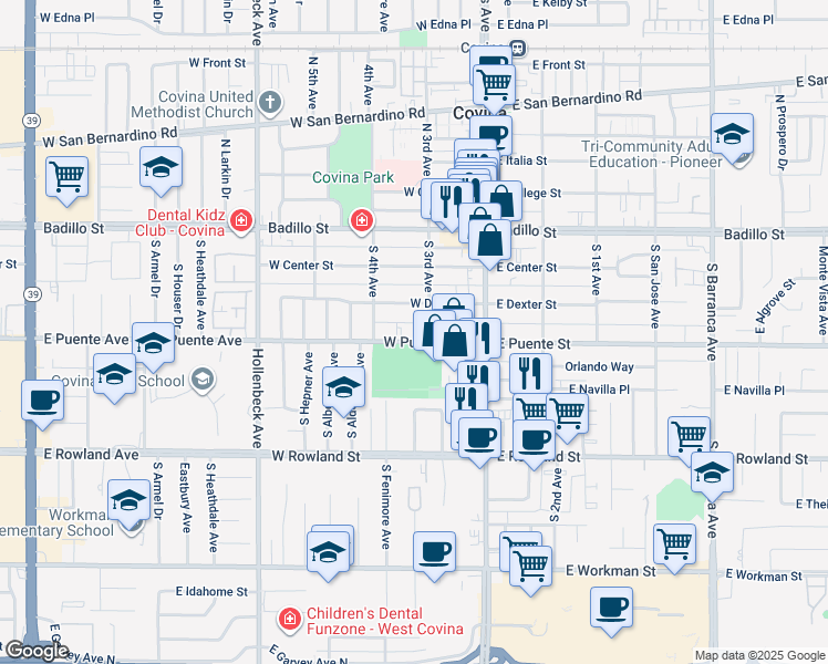 map of restaurants, bars, coffee shops, grocery stores, and more near 331 South 3rd Avenue in Covina