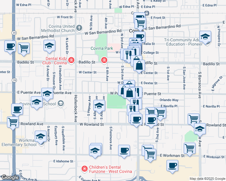 map of restaurants, bars, coffee shops, grocery stores, and more near 342 South 4th Avenue in Covina