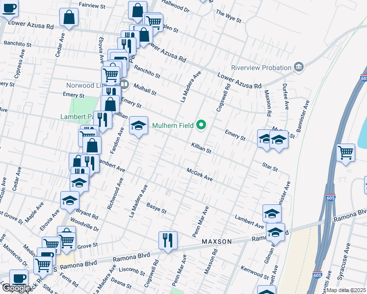 map of restaurants, bars, coffee shops, grocery stores, and more near 11836 Killian Street in El Monte