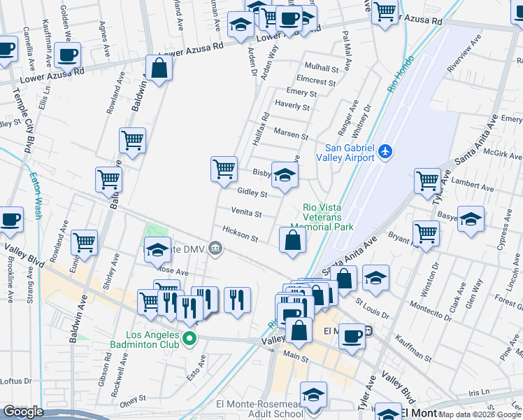 map of restaurants, bars, coffee shops, grocery stores, and more near 10513 Venita Street in El Monte