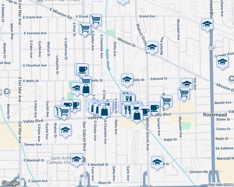 map of restaurants, bars, coffee shops, grocery stores, and more near 1400 South Delta Street in San Gabriel