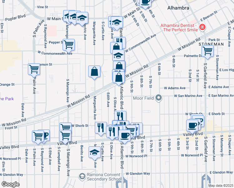 map of restaurants, bars, coffee shops, grocery stores, and more near 811 South Olive Avenue in Alhambra