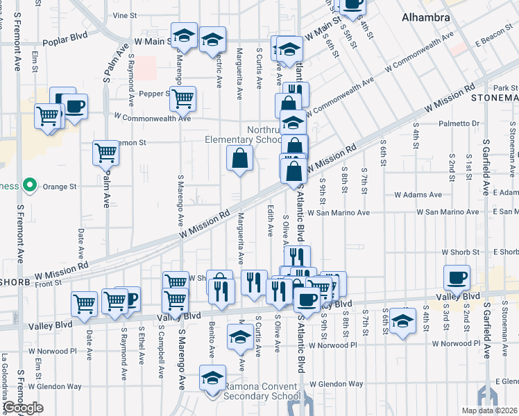 map of restaurants, bars, coffee shops, grocery stores, and more near 800 Curtis Lane in Alhambra