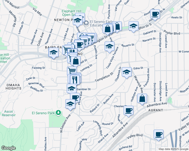 map of restaurants, bars, coffee shops, grocery stores, and more near 3225 Pueblo Avenue in Los Angeles
