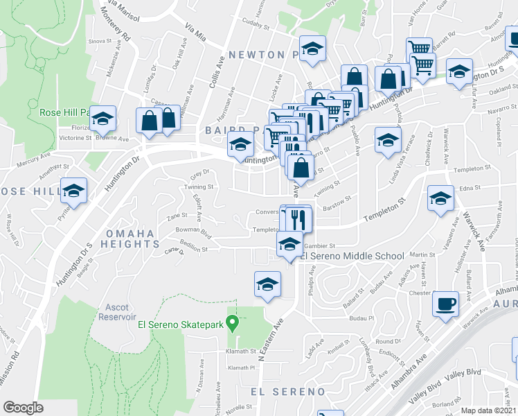 map of restaurants, bars, coffee shops, grocery stores, and more near 4807 Converse Street in Los Angeles