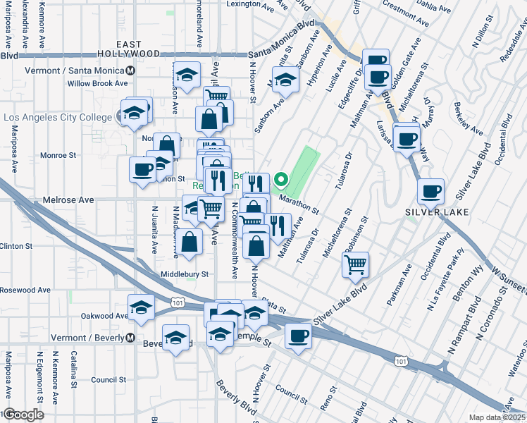 map of restaurants, bars, coffee shops, grocery stores, and more near 712 Lucile Avenue in Los Angeles