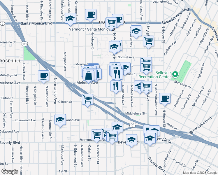 map of restaurants, bars, coffee shops, grocery stores, and more near 641 North New Hampshire Avenue in Los Angeles