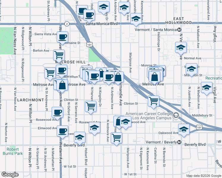 map of restaurants, bars, coffee shops, grocery stores, and more near 645 North Ardmore Avenue in Los Angeles