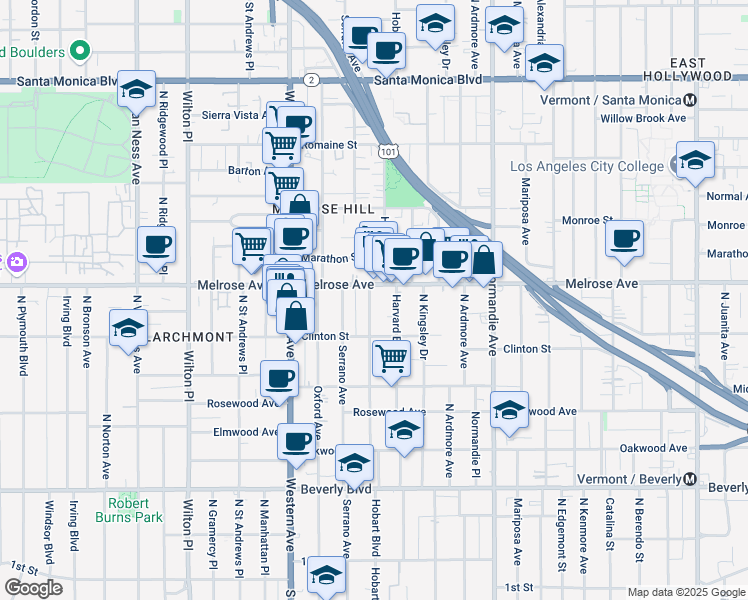 map of restaurants, bars, coffee shops, grocery stores, and more near in Los Angeles