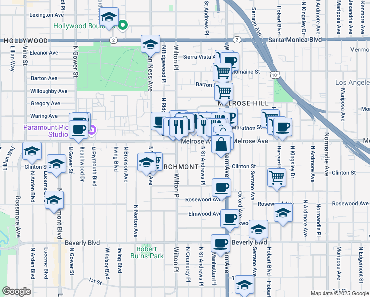 map of restaurants, bars, coffee shops, grocery stores, and more near 5125 Melrose Avenue in Los Angeles