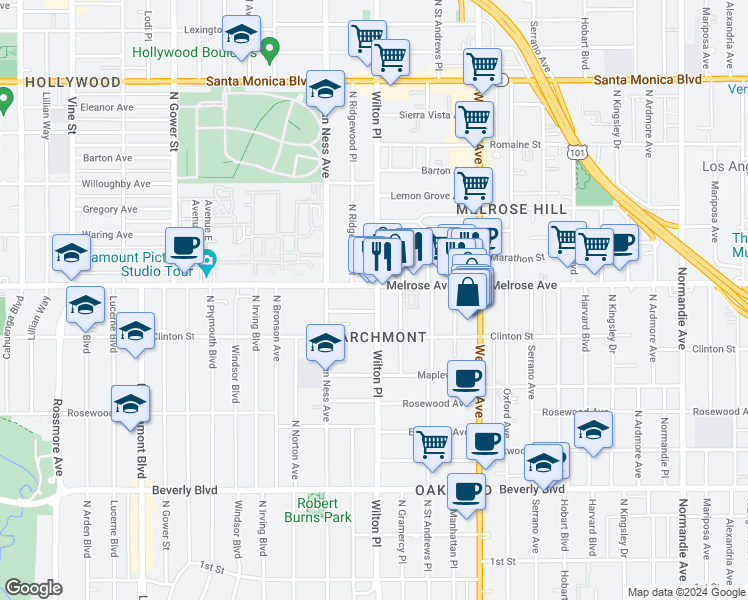 map of restaurants, bars, coffee shops, grocery stores, and more near in Los Angeles