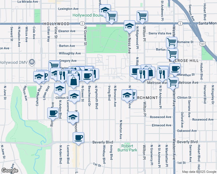 map of restaurants, bars, coffee shops, grocery stores, and more near 646 North Irving Boulevard in Los Angeles