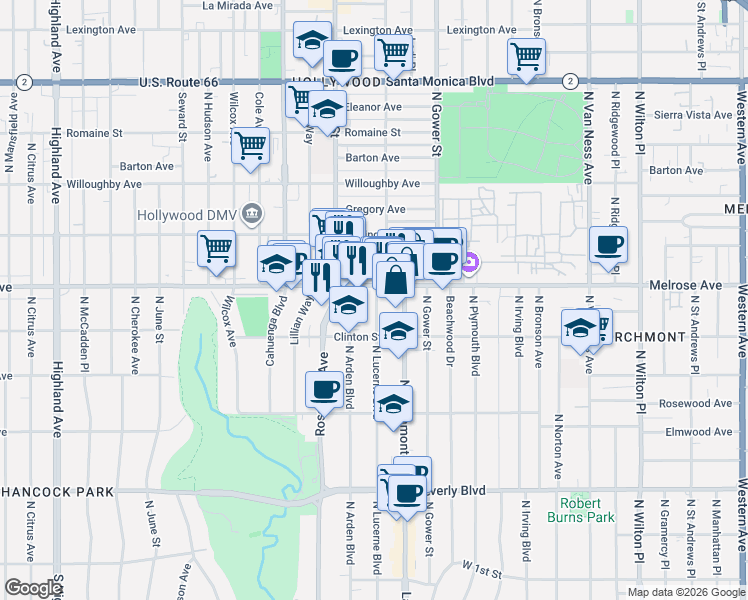 map of restaurants, bars, coffee shops, grocery stores, and more near in Los Angeles