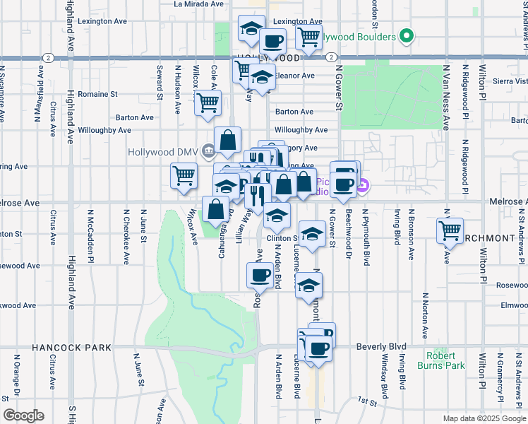 map of restaurants, bars, coffee shops, grocery stores, and more near 654 Lillian Way in Los Angeles
