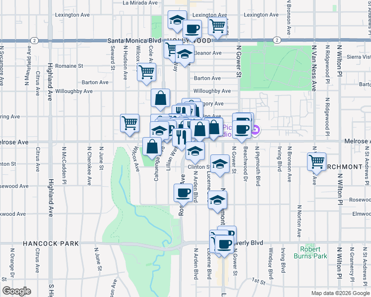 map of restaurants, bars, coffee shops, grocery stores, and more near 654 Lillian Way in Los Angeles