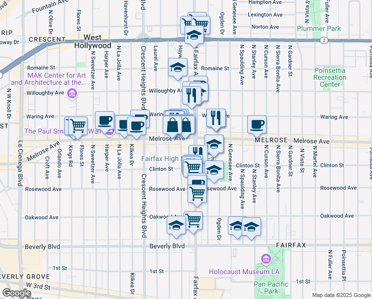 map of restaurants, bars, coffee shops, grocery stores, and more near 647 North Fairfax Avenue in Los Angeles