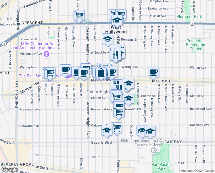 map of restaurants, bars, coffee shops, grocery stores, and more near 648 North Edinburgh Avenue in Los Angeles