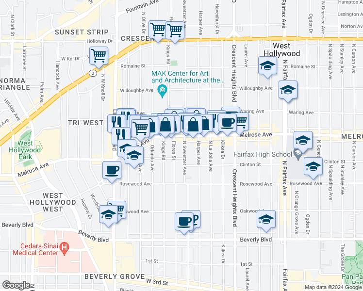 map of restaurants, bars, coffee shops, grocery stores, and more near 628 North Flores Street in West Hollywood