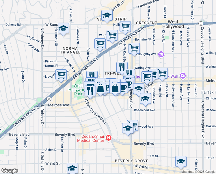 map of restaurants, bars, coffee shops, grocery stores, and more near 635 Westbourne Drive in West Hollywood