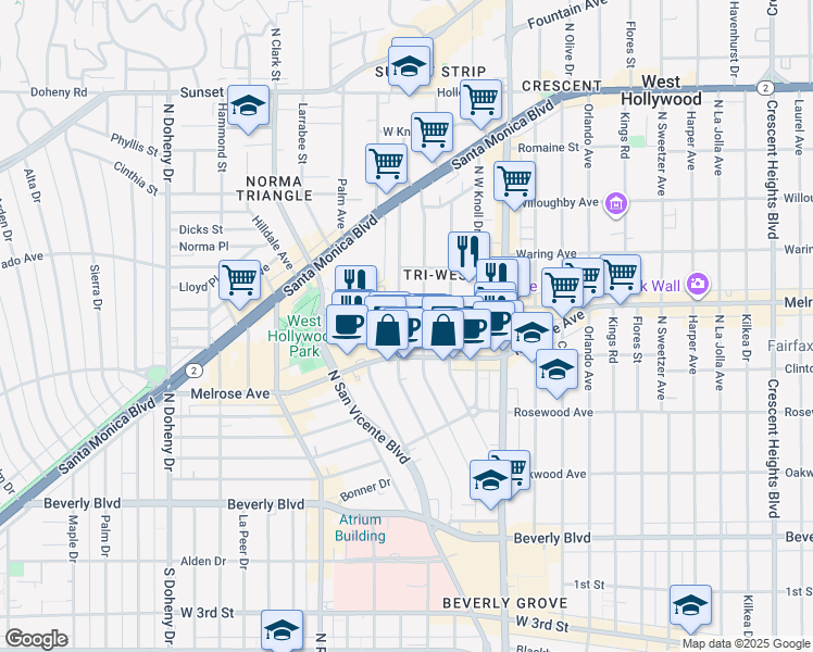 map of restaurants, bars, coffee shops, grocery stores, and more near 635 Westbourne Drive in West Hollywood
