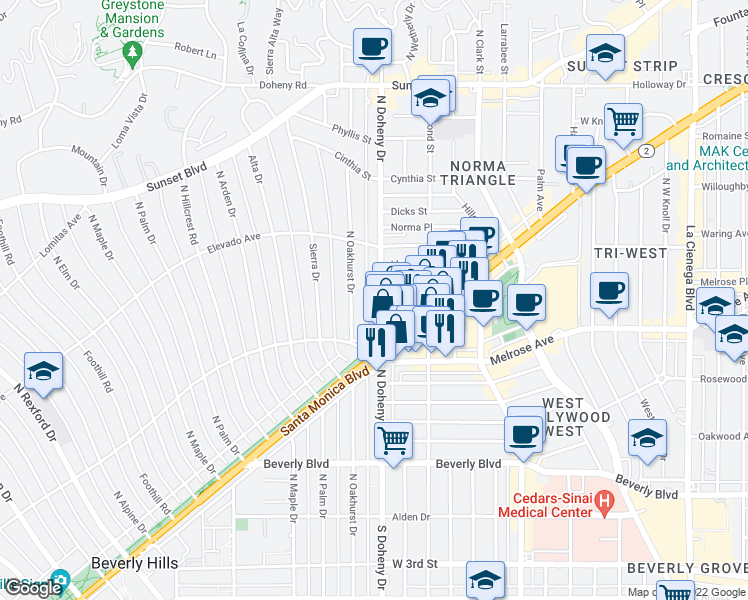 map of restaurants, bars, coffee shops, grocery stores, and more near 614 North Oakhurst Drive in Beverly Hills