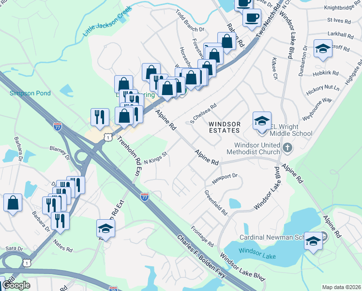 map of restaurants, bars, coffee shops, grocery stores, and more near 2424 Alpine Road in Columbia