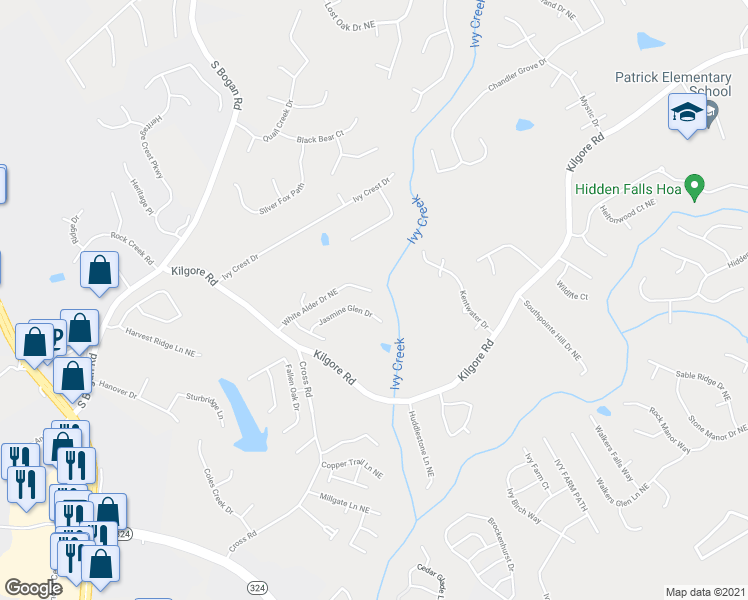 map of restaurants, bars, coffee shops, grocery stores, and more near 2439 White Alder Drive Northeast in Buford