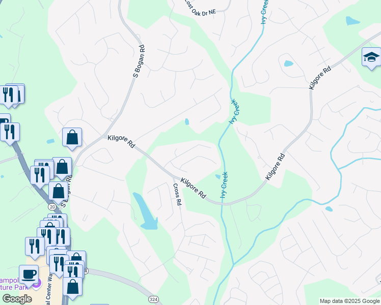 map of restaurants, bars, coffee shops, grocery stores, and more near 2319 White Alder Drive Northeast in Buford