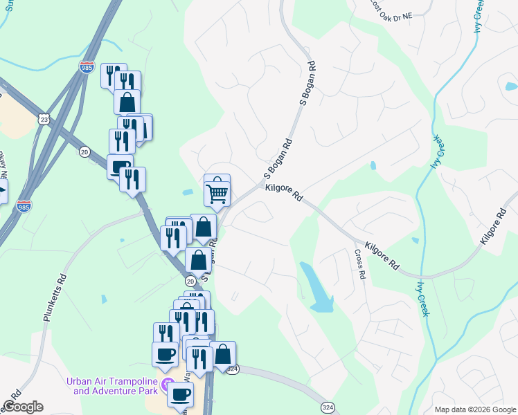 map of restaurants, bars, coffee shops, grocery stores, and more near 2065 Harvest Ridge Circle Northeast in Buford