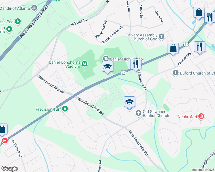map of restaurants, bars, coffee shops, grocery stores, and more near 5442 Howington Court in Buford