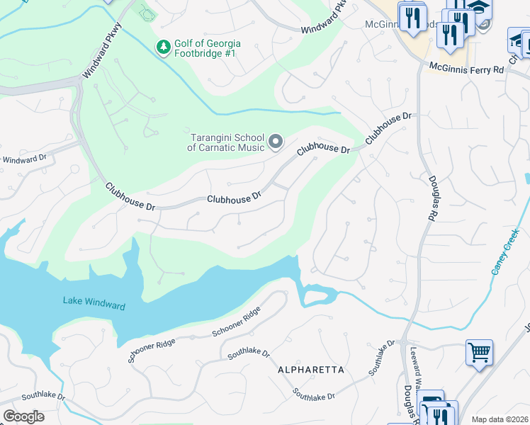 map of restaurants, bars, coffee shops, grocery stores, and more near 1485 Portmarnock Drive in Alpharetta