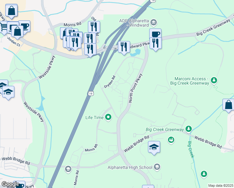 map of restaurants, bars, coffee shops, grocery stores, and more near 753 Topsail Lane in Alpharetta
