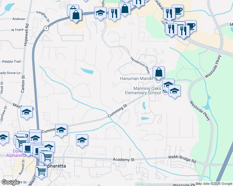 map of restaurants, bars, coffee shops, grocery stores, and more near 4085 Monroe Court in Alpharetta