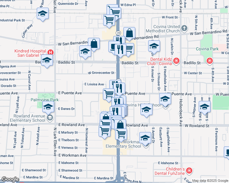 map of restaurants, bars, coffee shops, grocery stores, and more near 706 North Myrtlewood Avenue in West Covina