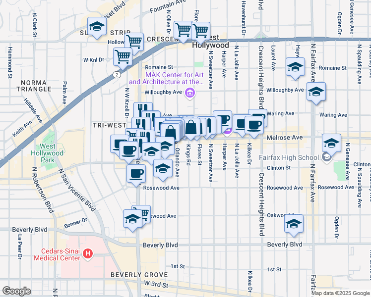map of restaurants, bars, coffee shops, grocery stores, and more near 631 North Kings Road in West Hollywood