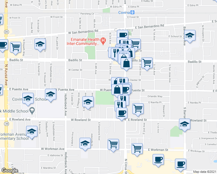 map of restaurants, bars, coffee shops, grocery stores, and more near 331 S 3rd Ave in Covina