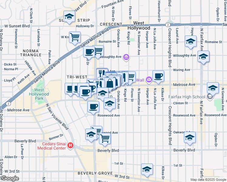 map of restaurants, bars, coffee shops, grocery stores, and more near 8428 Melrose Avenue in West Hollywood