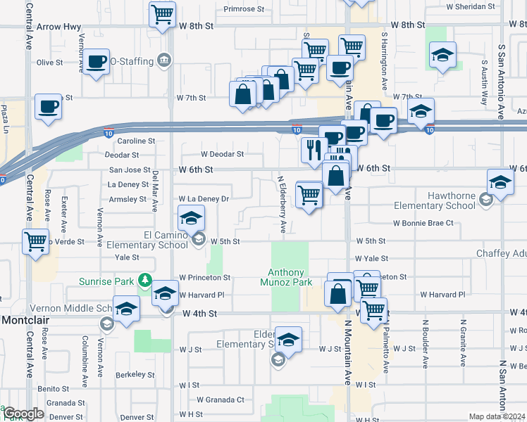 map of restaurants, bars, coffee shops, grocery stores, and more near 1329 North Elderberry Avenue in Ontario