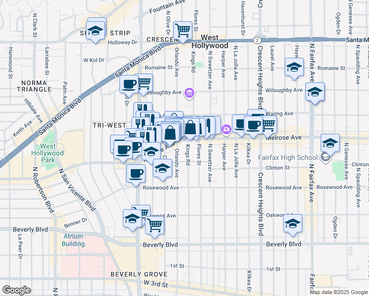 map of restaurants, bars, coffee shops, grocery stores, and more near 631 Kings Road in West Hollywood