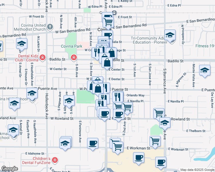 map of restaurants, bars, coffee shops, grocery stores, and more near in Covina