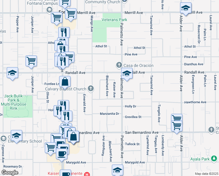 map of restaurants, bars, coffee shops, grocery stores, and more near 9403 Blanchard Avenue in Fontana