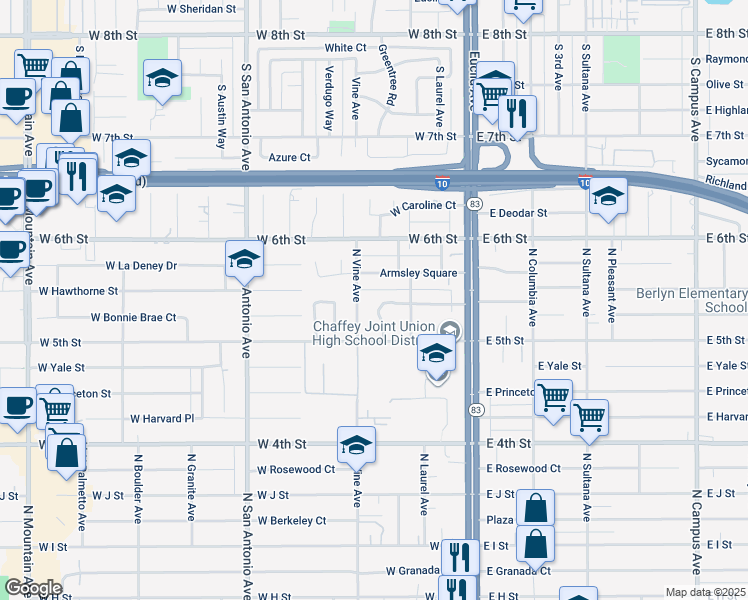 map of restaurants, bars, coffee shops, grocery stores, and more near 338 West Bonnie Brae Court in Ontario