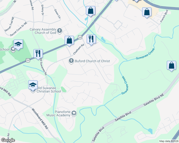 map of restaurants, bars, coffee shops, grocery stores, and more near 4210 Chatham View Drive in Buford
