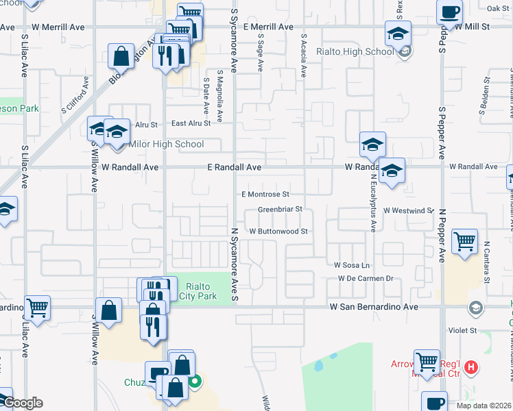 map of restaurants, bars, coffee shops, grocery stores, and more near 2071 West Greenbriar Street in Colton