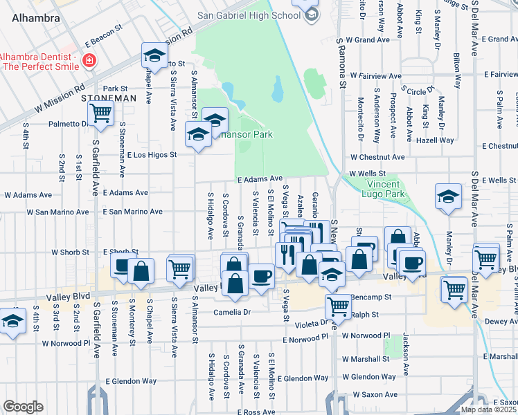map of restaurants, bars, coffee shops, grocery stores, and more near 1036 South Valencia Street in Alhambra