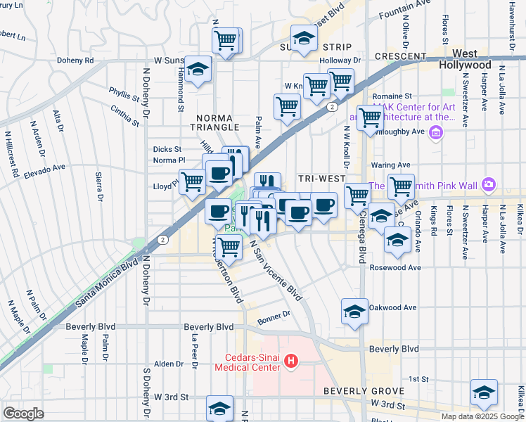map of restaurants, bars, coffee shops, grocery stores, and more near 692 North San Vicente Boulevard in West Hollywood