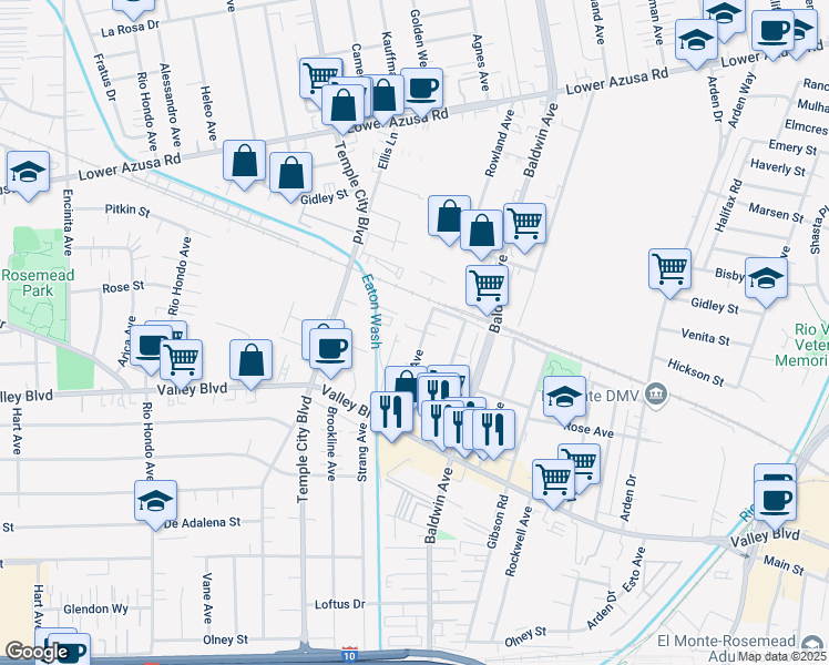 map of restaurants, bars, coffee shops, grocery stores, and more near 4135 Rowland Avenue in El Monte