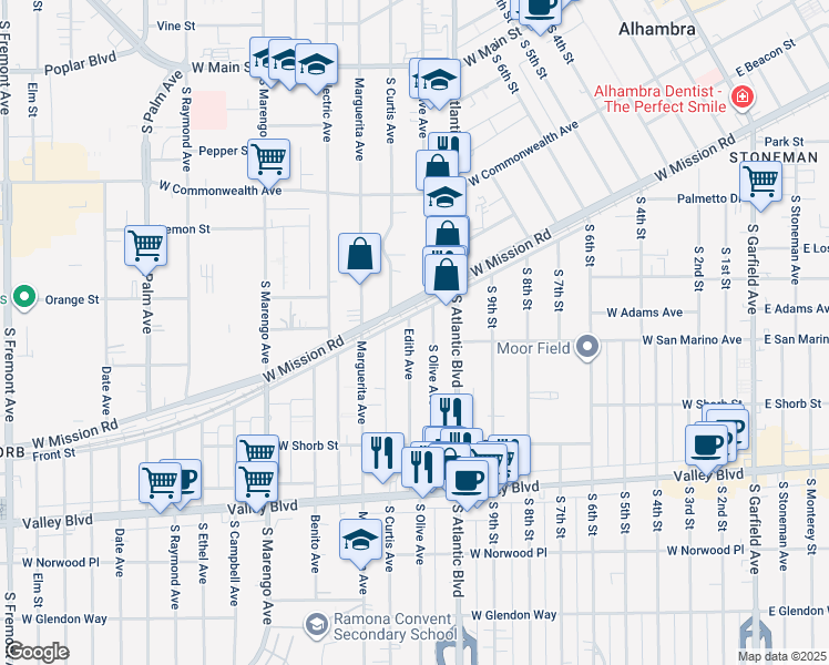 map of restaurants, bars, coffee shops, grocery stores, and more near 812 Edith Avenue in Alhambra