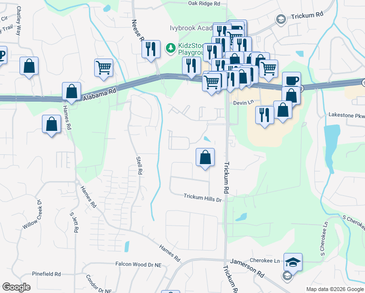 map of restaurants, bars, coffee shops, grocery stores, and more near 601 Willow Creek Lane in Woodstock