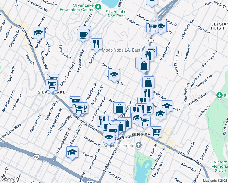 map of restaurants, bars, coffee shops, grocery stores, and more near 2356 Scott Avenue in Los Angeles